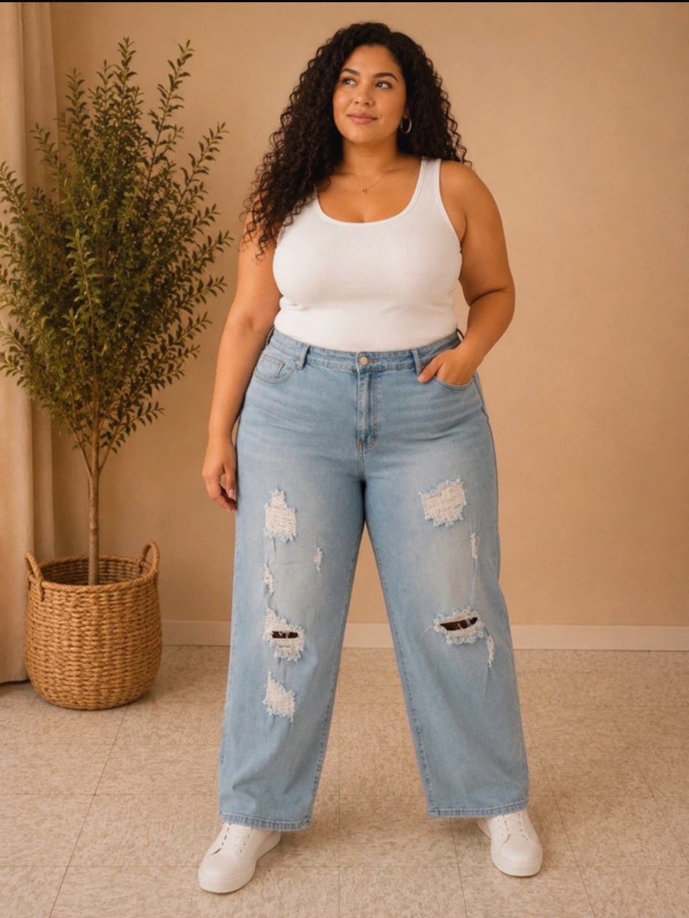 Hem Light Blue Distressed Wide-Leg Jeans